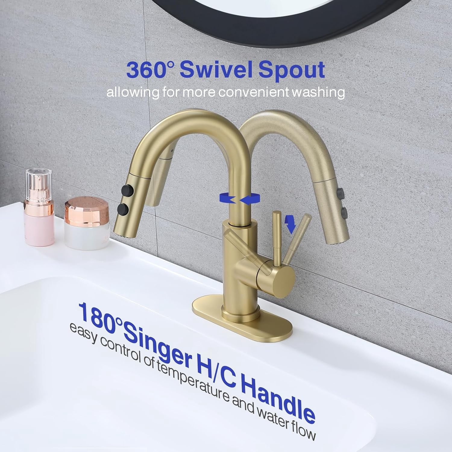 Bathroom Sink Faucet with Pull Down Sprayer, Brushed Gold Single Handle Pull Out Faucet with Pop-Up Drain, 1 or 3 Hole Laundry Bar Basin Faucet with Deck Plate, KBL-7002BG-CL