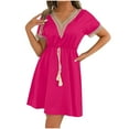 thumbnail image 2 of Dress for Women Plus Size Short Sleeve Drawstring Waist V-Neck Lace Solid Trimmed Mini Dress Bohemian Dresses, 2 of 6
