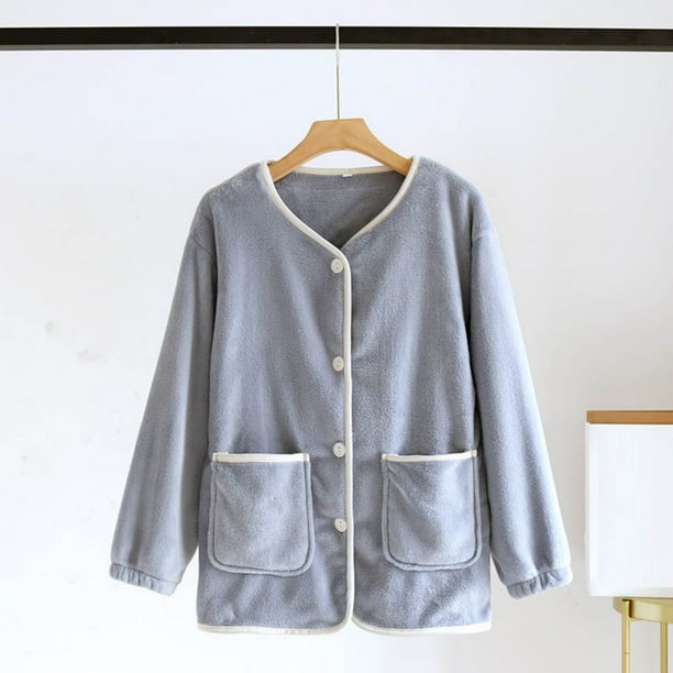 Pijama de manga larga para mujer, de invierno, grueso, liso, con botones, manga larga, cálido y terciopelo, para el hogar. Pijama de poliéster para mujer.