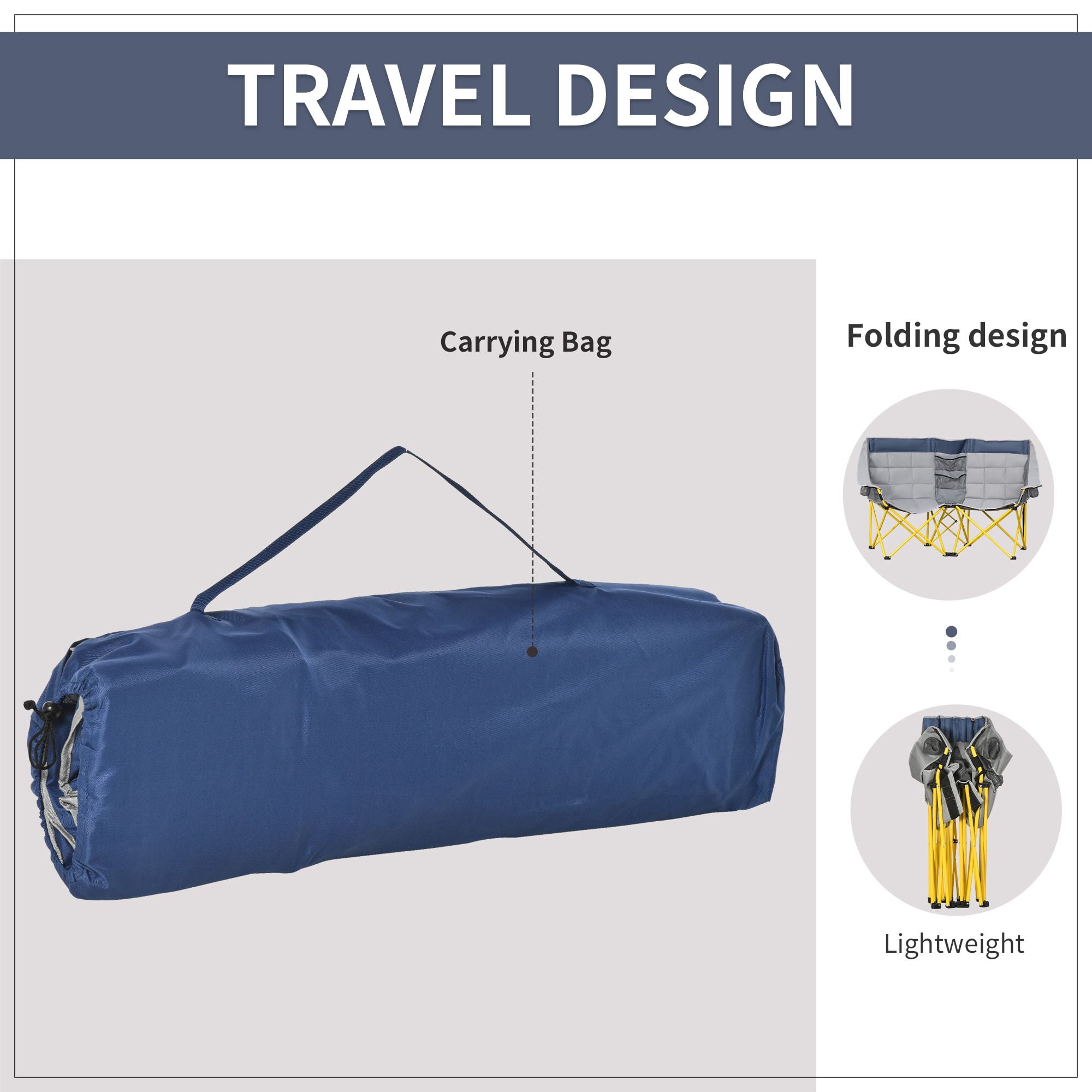 2 Person Double Folding Camping Loveseat Chair, Side-by-Side Outdoor Chair with Cup Holders Middle Storage Pocket Steel Frame Supports 264lbs Per Seat with Carry Bag