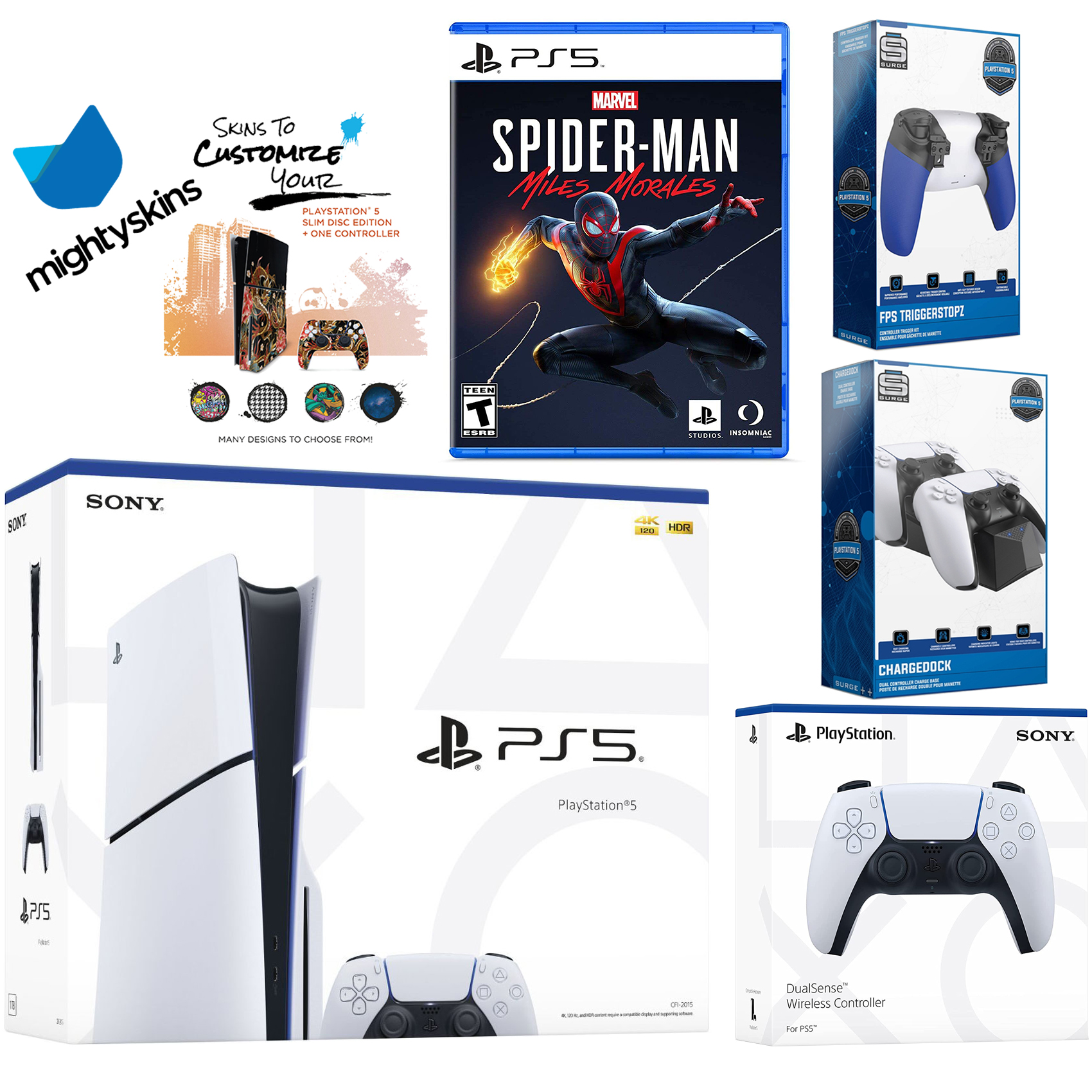 Sony Playstation 5 Slim Disc Bundle with Spider-Man: Miles Morales, Extra White Controller, Trigger Stop Kit, Dual Charge Dock and MightySkins Decal Voucher