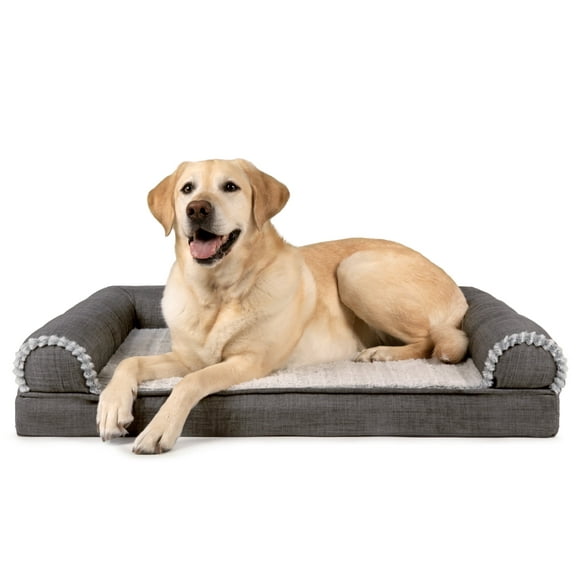 FurHaven Pet Products Luxe Fur & Performance Linen Orthopedic Sofa Pet Bed for Dogs & Cats - Charcoal, Large