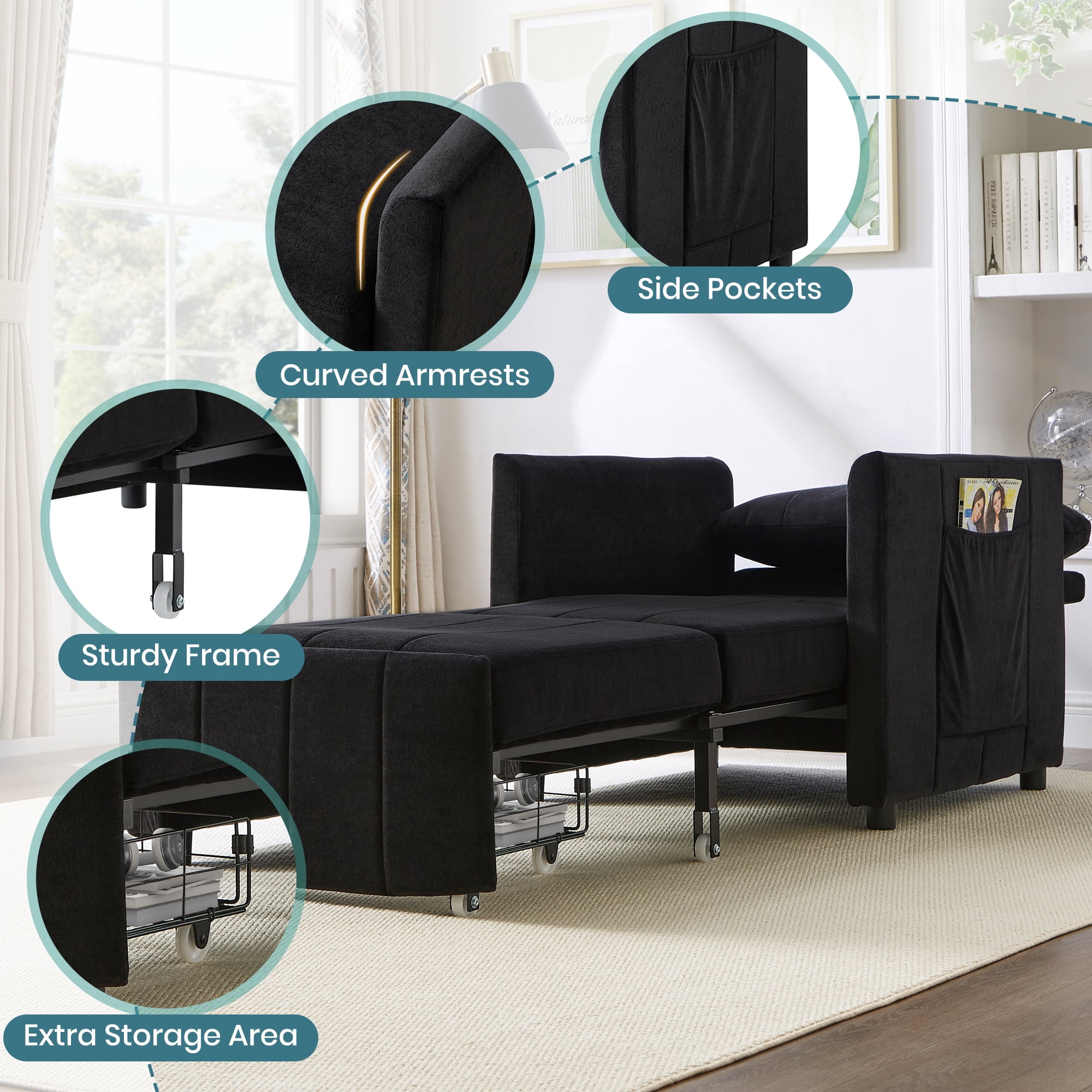 Convertible Sleeper Chair Bed, 31.5" Upholstered Pull Out Sofa Bed with 5-Position Adjustable Backrest, Fold Out Chair Bed for Living Room, Apartment, Black