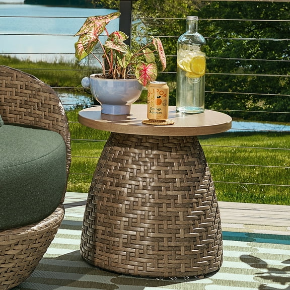 Beautiful Wicker Outdoor Side Table with Faux Wood Top by Drew Barrymore, Brown