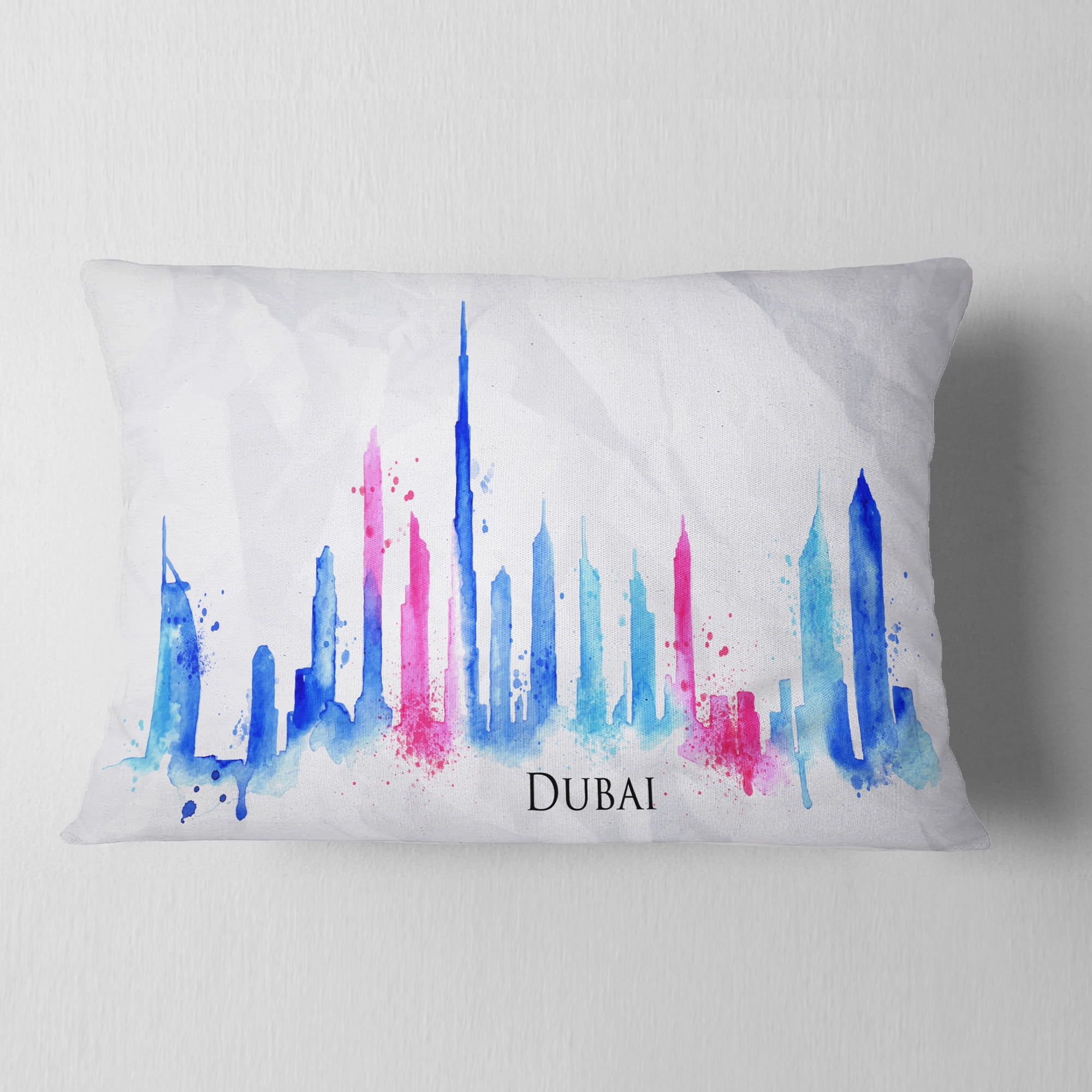 Designart Colorful Dubai Silhouette - Cityscape Painting Throw Pillow - 12x20
