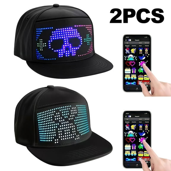 2packs LED Hat Hip Hop Pop Hat LED Display Hat Bluetooth App Controlled Light Up Cap with Full Color Screen
