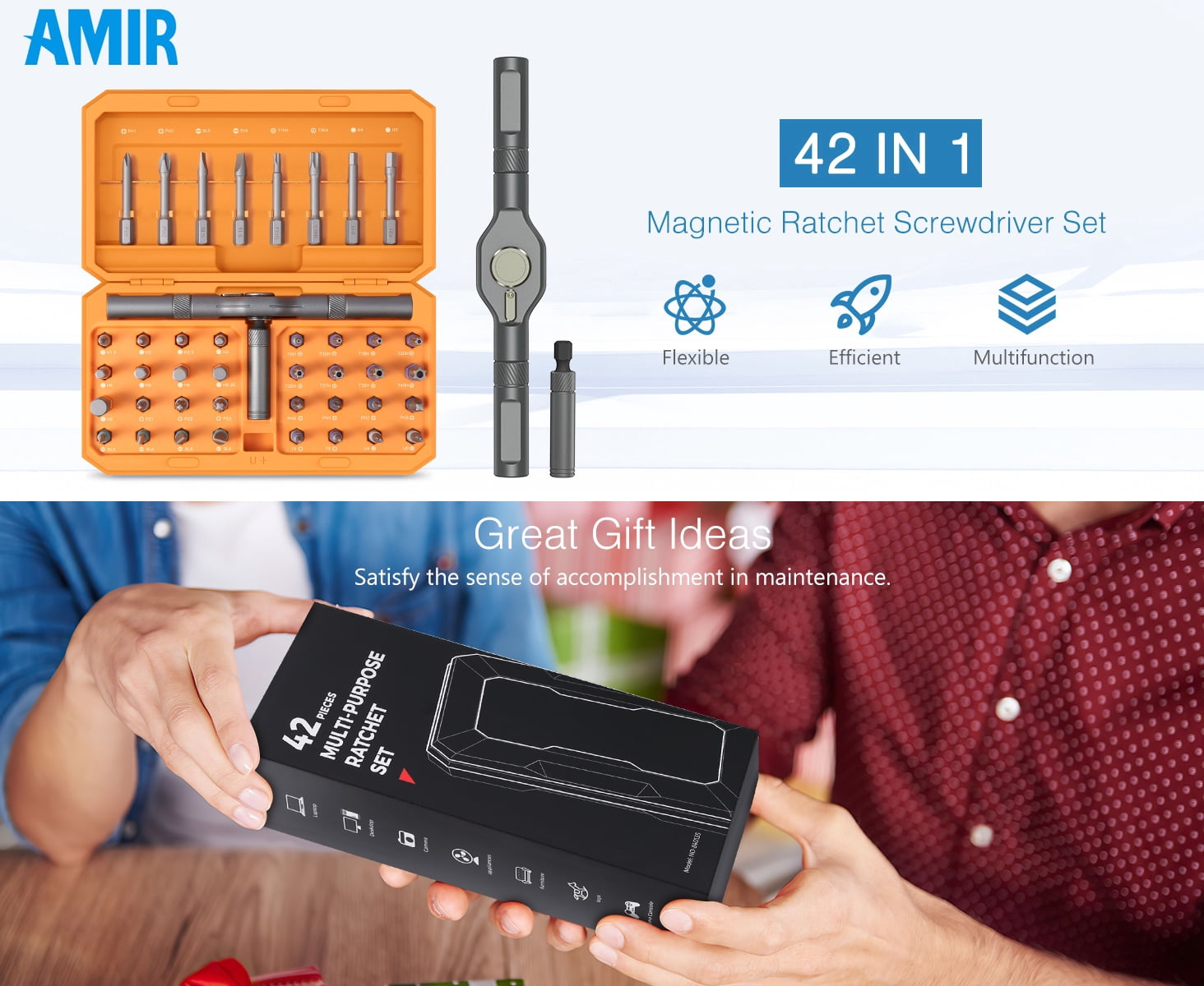 AMIR 42 in 1 Screwdriver Set Magnetic Ratchet Screwdriver Set with T Handle Multi Bits Screwdriver for Electronics Maintenance Bike Furniture Home Repair