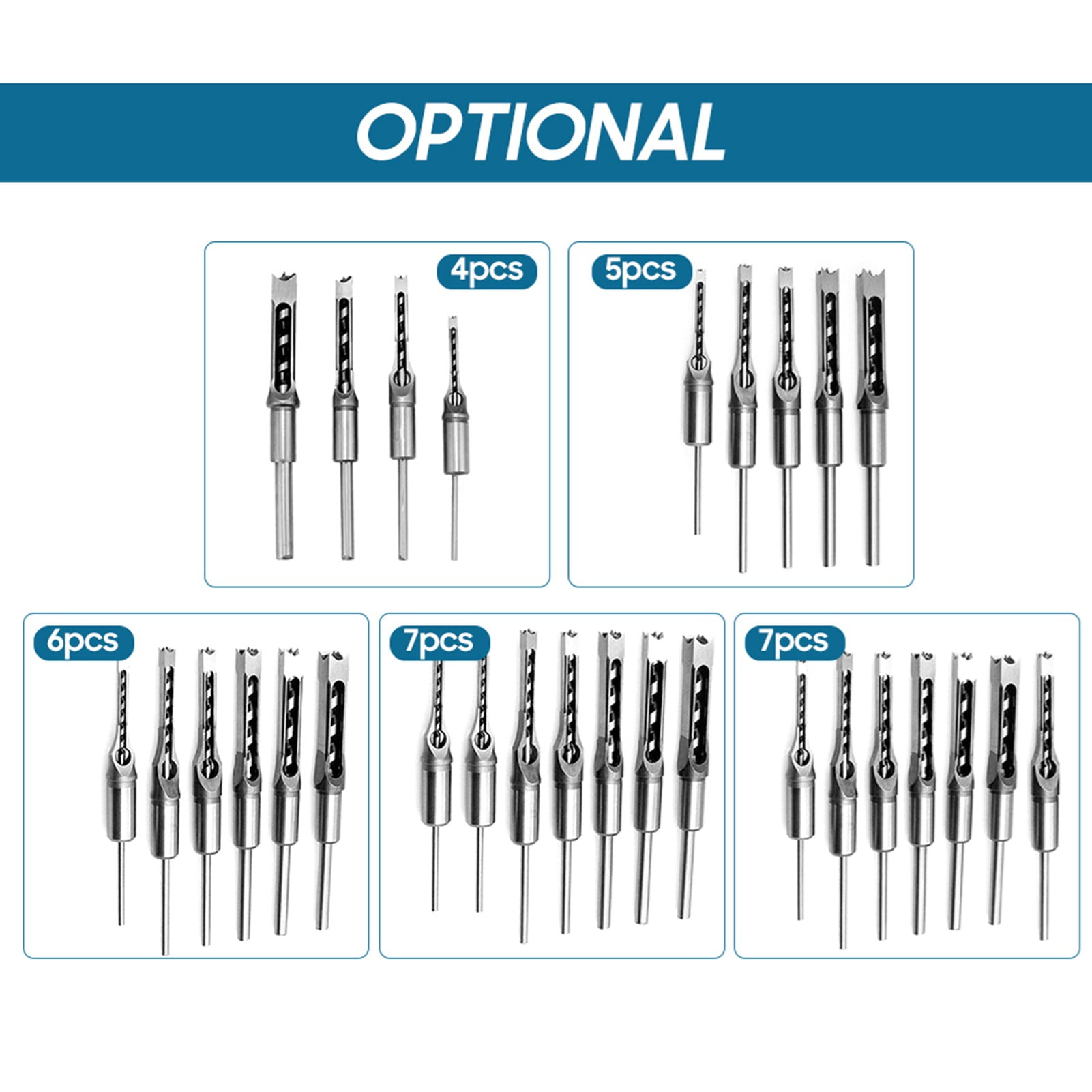 Set 7pcs Square Hole Drill Bit Woodworking Hole Saw Mortising Chisel Steel Drill Bits Set 1/4 Inch, 5/16 Inch, 3/8 Inch, 2/5 Inch, 1/2 Inch, 9/16 Inch, 5/8 Inch For Wood