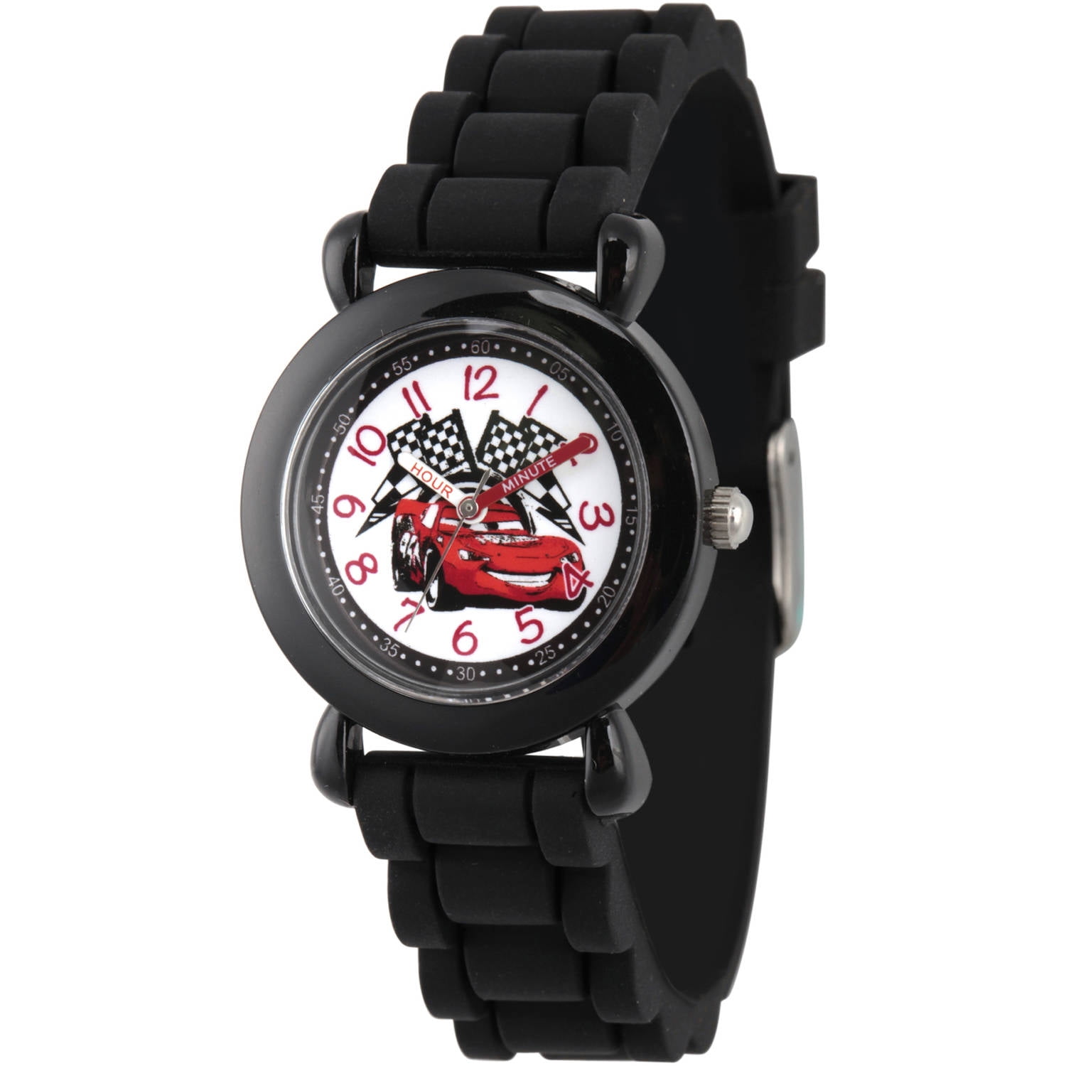 Cars Lightning McQueen Boys' Black Plastic Time Teacher Watch, Black Silicone Strap