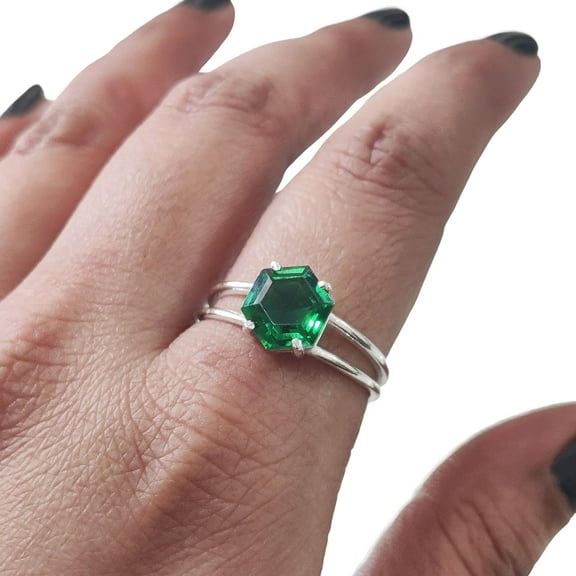 Hexagon Emerald Ring, 925 Sterling Silver Ring, Women Ring, Hydro Emerald Ring, May Birthstone, Christmas, Thanksgiving, Tiny Dainty Ring, Handmade, Statement Jewelry, Anniversary