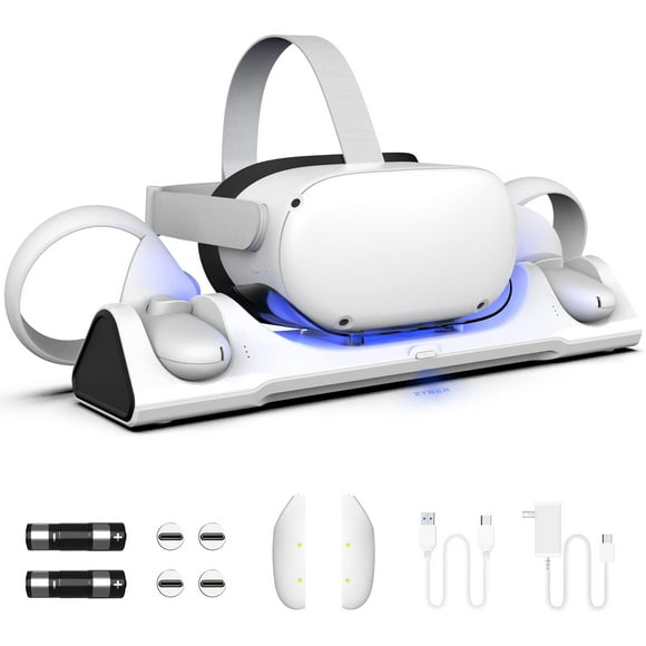 ZYBER Station de Charge pour Meta Quest 2, Support VR Oculus 2 (Supporte la Sangle Élite avec Batterie), Batteries Rechargeables, Chargeur USB-C et Câble, Blanc (AL - Q016)