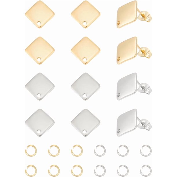 12 postes para pendientes de rombo de 2 colores con orificio, de acero inoxidable 304, con pasador de 0,8 mm, anillas abiertas y tuercas.
