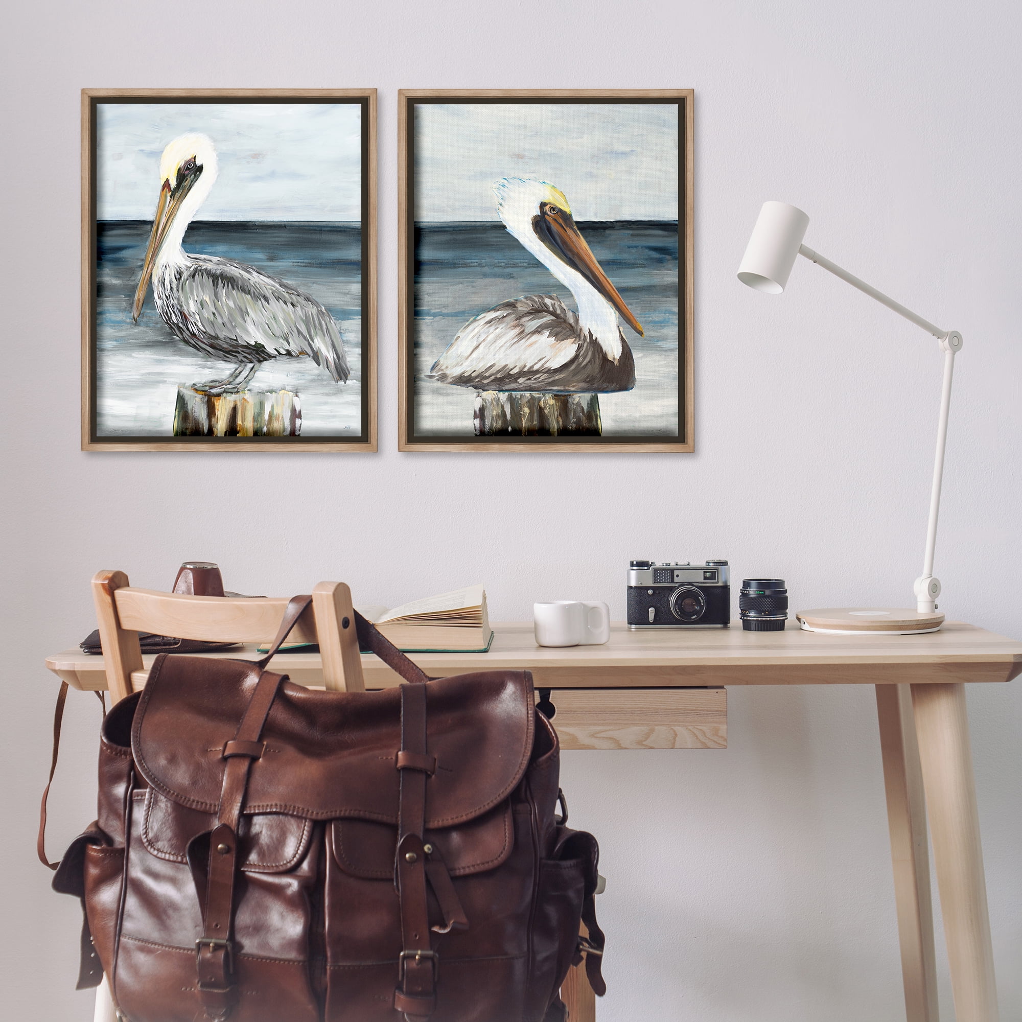 Stupell Industries Beachfront Pelican Log Animals Painting Brown Floater Framed Canvas Art Print Wall Art, 31 x 25, Set of 2