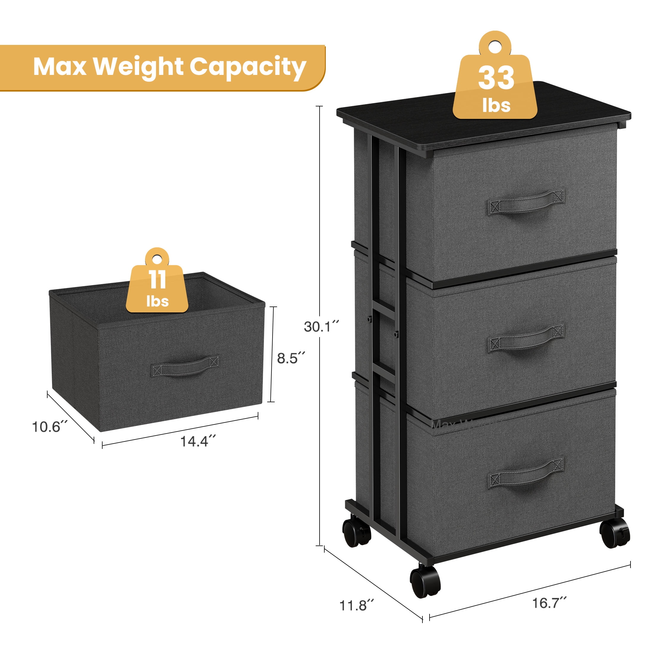 CONCETTA Dresser Storage with 3 Drawers, Storage with Wheels for Bedroom, Home Office, Gray
