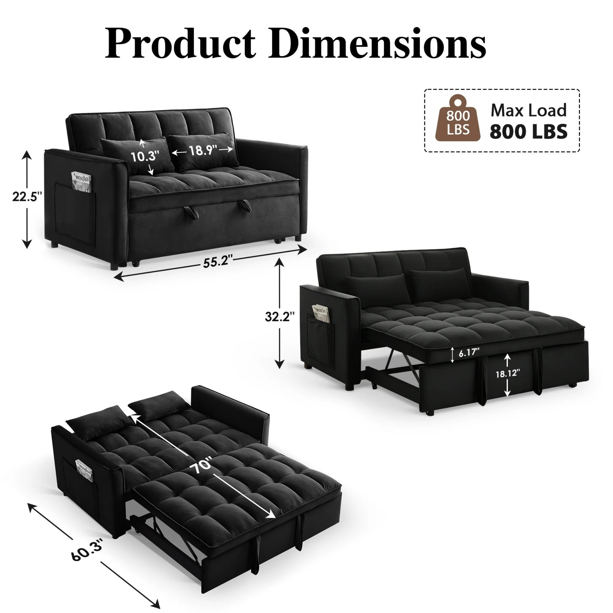 3 in 1 Sleeper Sofa Bed, 55" Convertible Pull Out Couch with Adjustable Backrest, Velvet Loveseat Sofa with Side Pockets for Living Room, Bedroom, Apartment, and Small Space (Black)