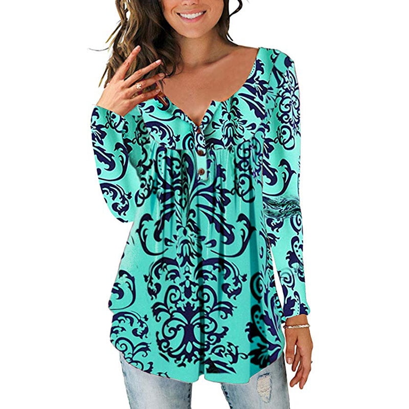 Womens Paisley Printed Button Top Long Sleeve V Neck Pleated Casual Flare Tunic Loose Blouse Shirt