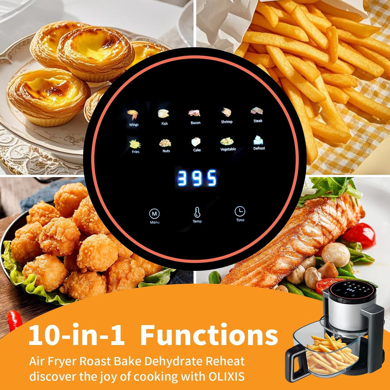 4.7Qt Glass Fryer with 10 Presets, 1300W Wide Temp Range for Healthy Cooking