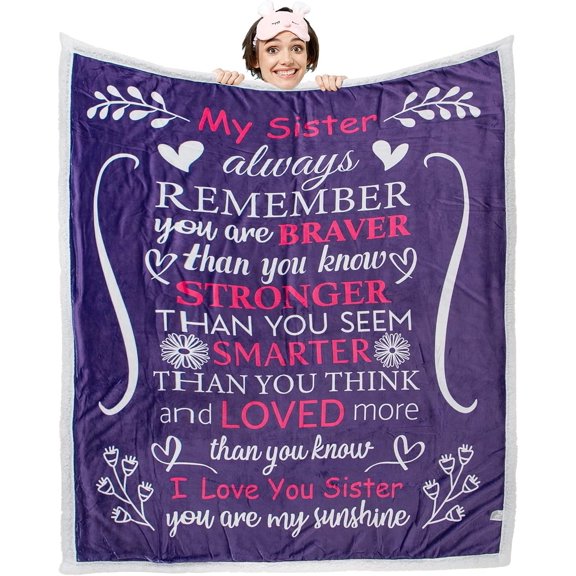 Sister Blanket for Sister, Gorgeous Gift for Sister with Thick Double Layered Sherpa and Fleece Fabric with Heartfelt Message | Purple 50x60
