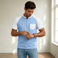 thumbnail image 2 of GrmtClth Men's Waffle Knit Henley Shirt Casual Short Sleeve Raglan T-Shirt with Chest Pocket Lightweight Button Placket Tops Summer Everyday Wear Baseball Style Tees Light Blue 3XL, 2 of 4