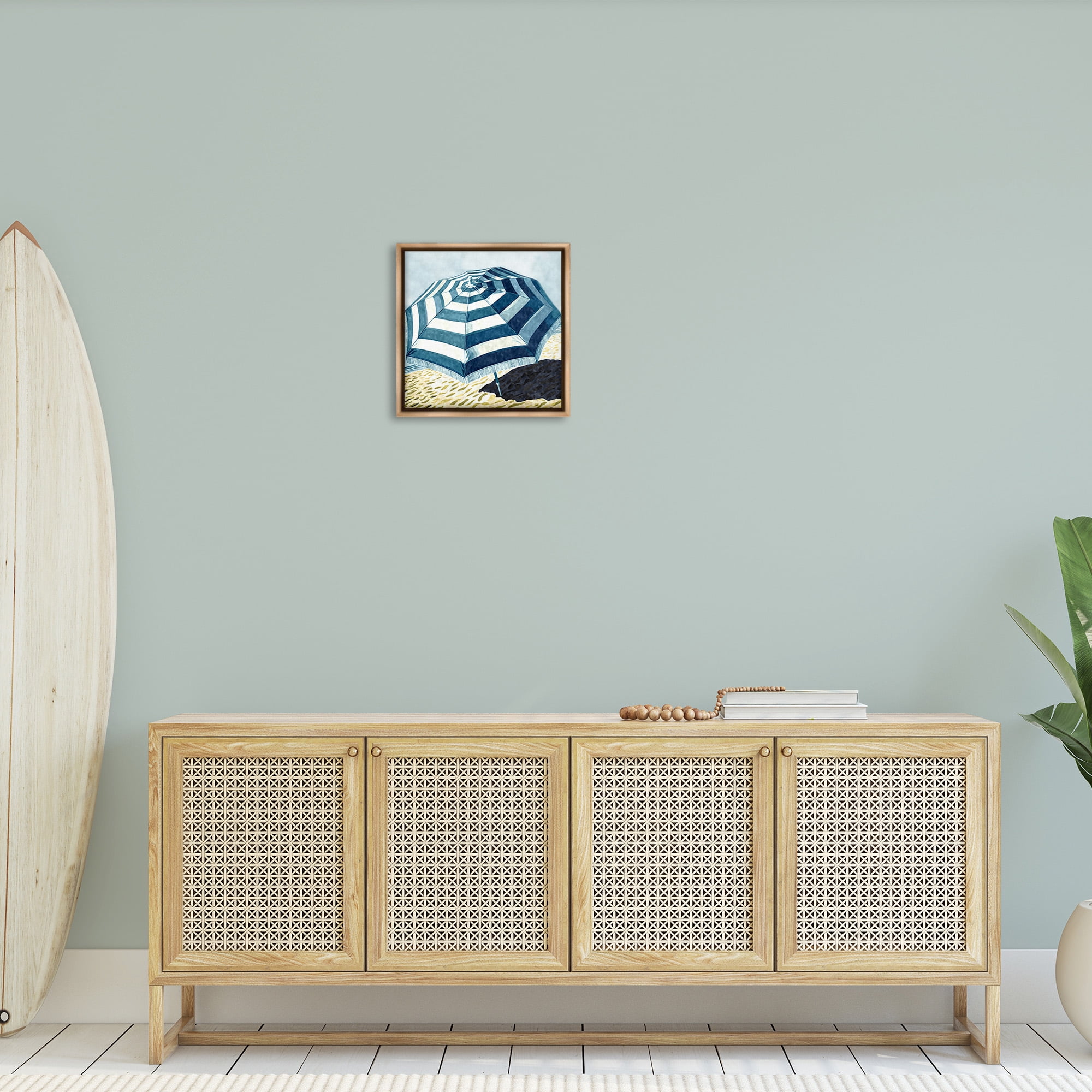 Stupell Industries Striped Beach Umbrella Landscape Painting Brown Floater Framed Canvas Art Print Wall Art, 18 x 18
