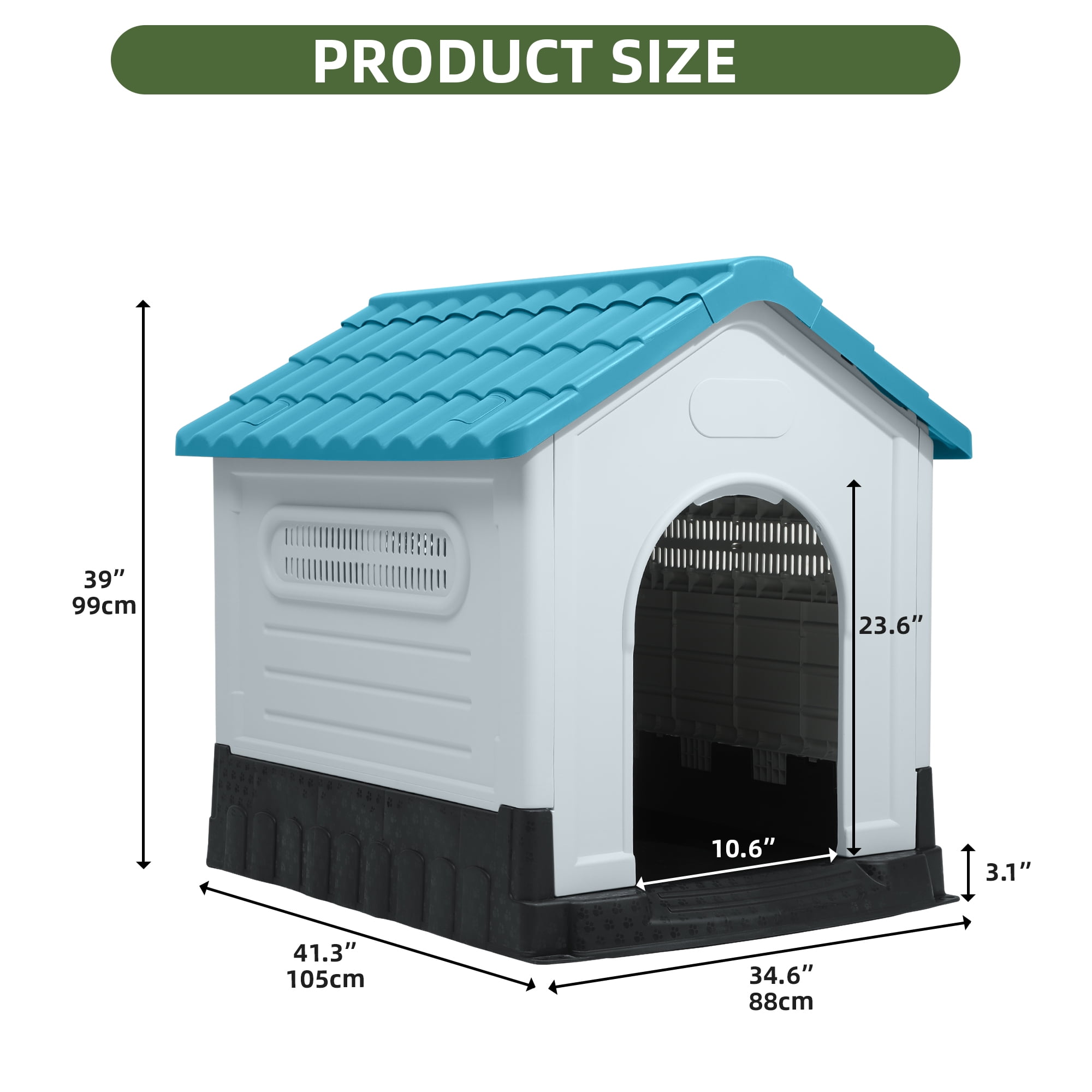 Uforic Large Foldable Plastic Dog House with Air Vents and Elevated Floor, Outdoor Indoor Waterproof Doghouse Puppy Shelter,Blue,41.3''Lx 34.6''Wx 39''H