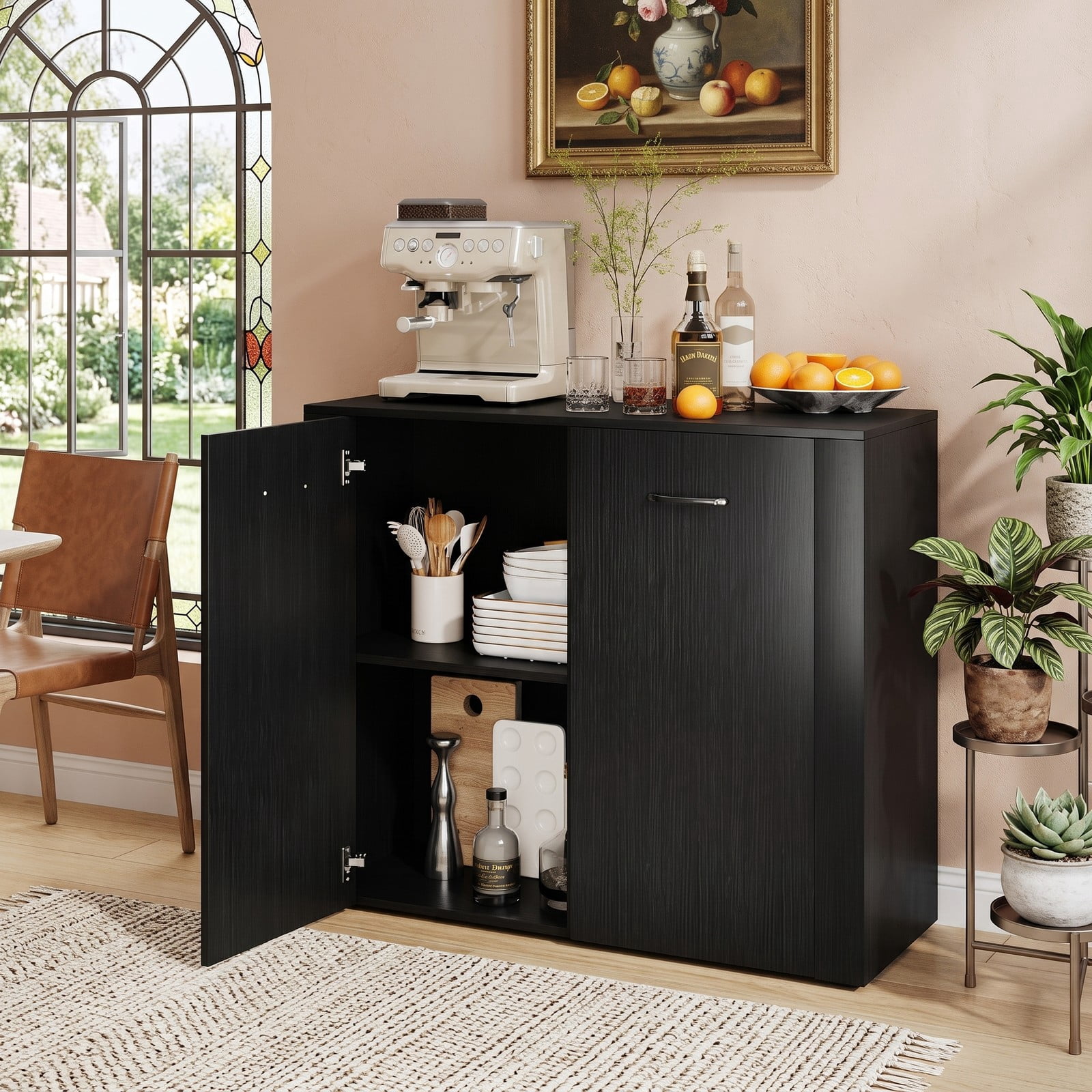 Furnibear 38 Inch Modern Buffet Sideboard Cabinet with Storage, Free Standing Kitchen Credenza Console Table with Cube Shelves for Living Room Dining Room, Black