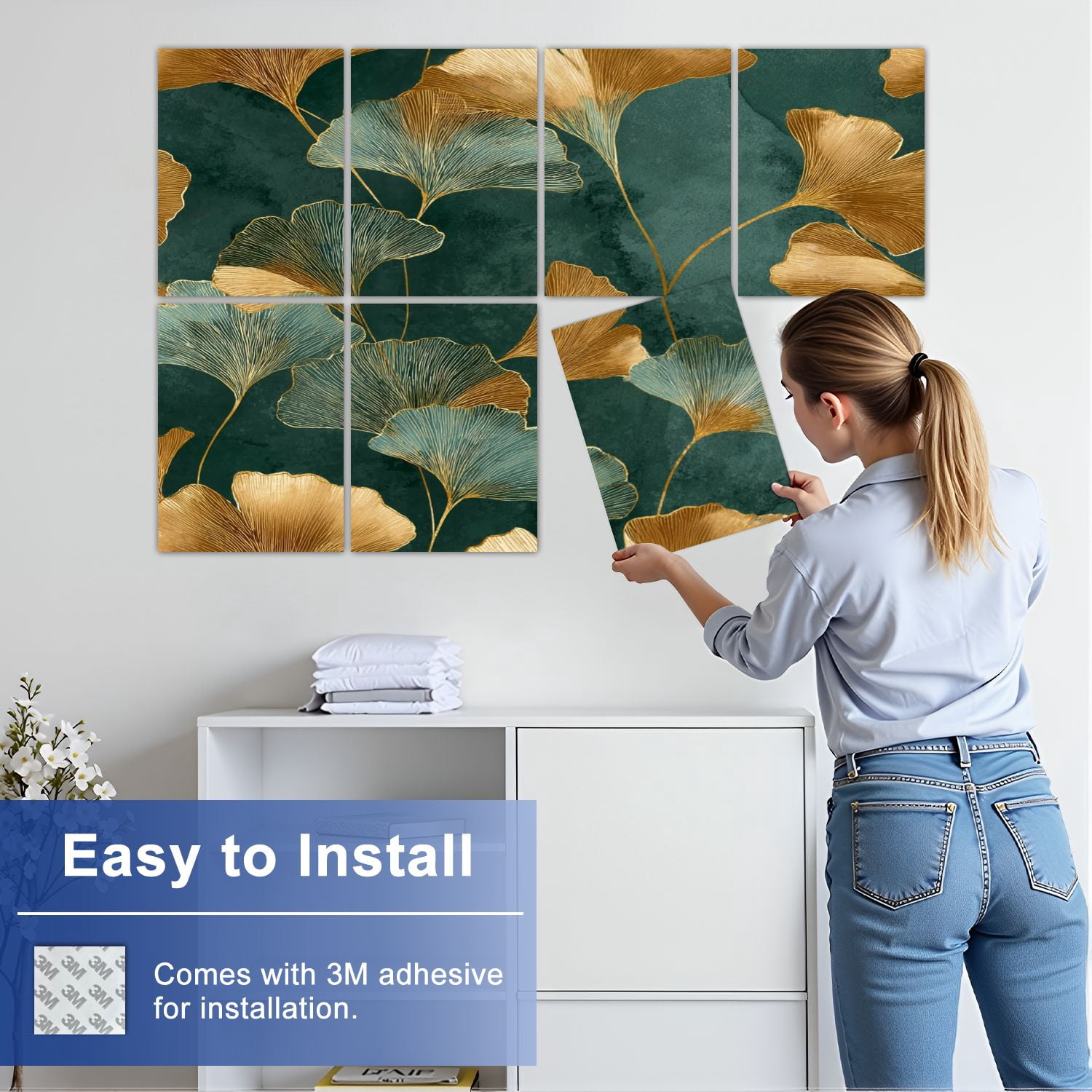 8 Pack Art Acoustic Panels Sound Absorbing Elegant Ginkgo Leaves Gold Decorative Soundproof Wall Panels Self Adhesive for Nursery Game Room Bedroom 48"x32"