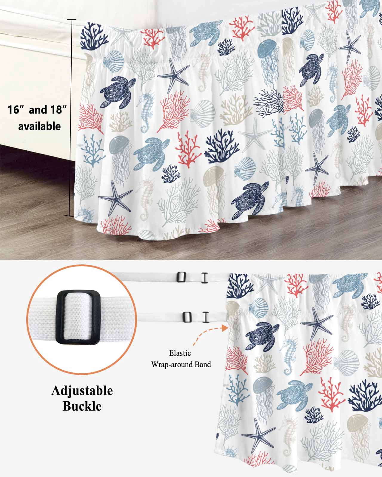 Blue Red Coastal Bed Skirt King Size, Nautical Summer Beach Coral Sea Turtle Wrap Around Bed Skirting with Adjustable Elastic Strap, Dust Ruffled Pleated Bedskirts 18 Inch Drop for Bedroom King Beds