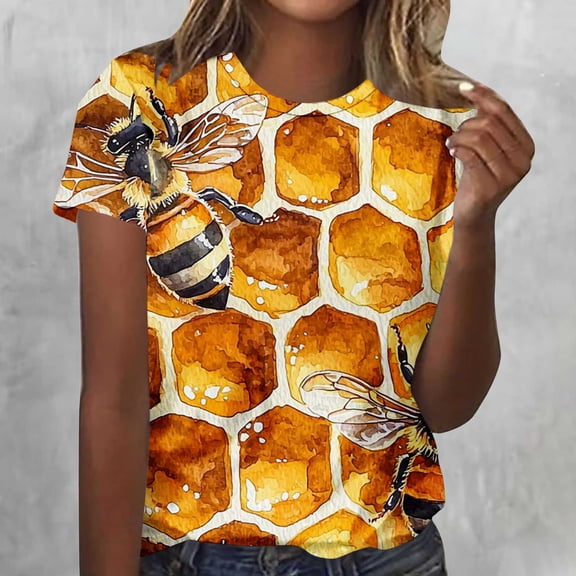Womens Tops Short Sleeved Honeybee Festival Casual Printed Round Neck T-shirt Gold M