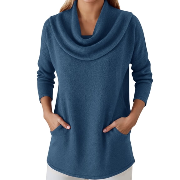 Fall Womens Sweater Solid Cowl Neck Long Sleeve Knitted With Pocket Fall Sweaters Blue