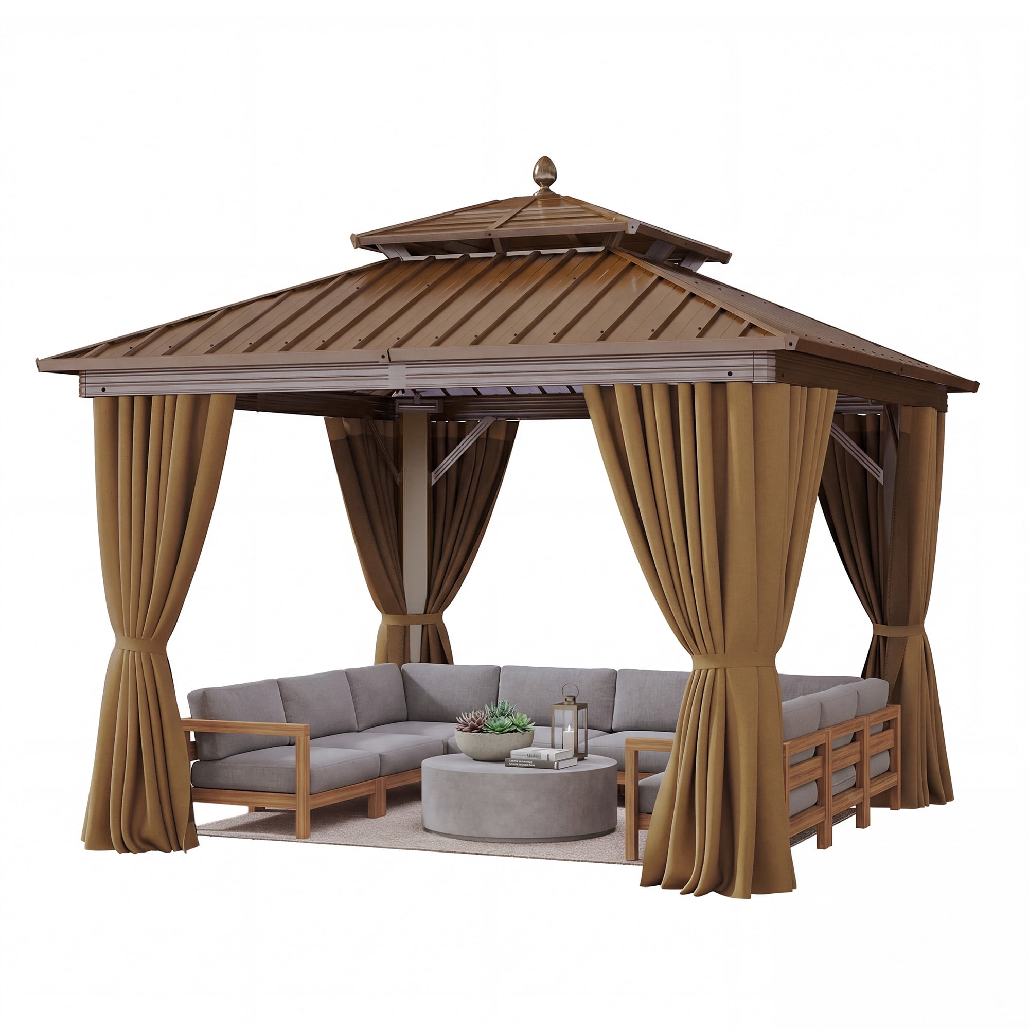 Dextrus 10x10ft Double Roof Hardtop Gazebo with Netting and Curtains, Outdoor Heavy Duty Galvanized Steel Combined of Vertical Stripes Roof,Ideal for Patio, Backyard, Deck, Lawns-Bronze