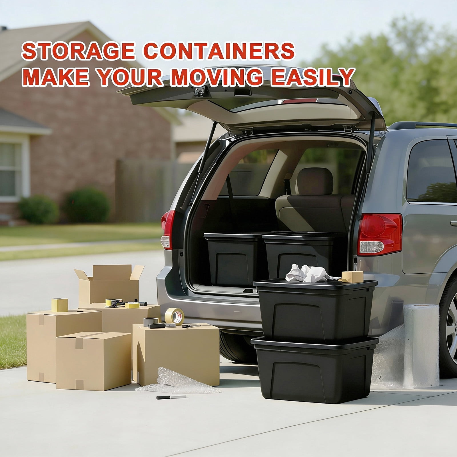 SimplyKleen 18-Gallon Stacking Plastic Storage Containers with Lids, Black Body/Black Lid (Pack of 4)