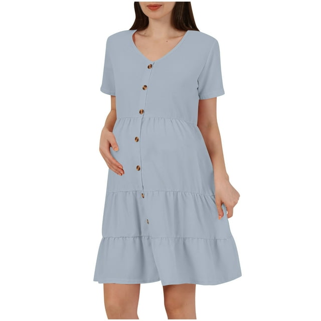 Bwiyojiz Tailles P-TTG Robes de Maternité Femmes Mode Décontractée Couleur Unie Bouton Enceinte Manches Courtes Robe Col en V Jupes Sans Effort Vêtements, Cadeaux pour Maman