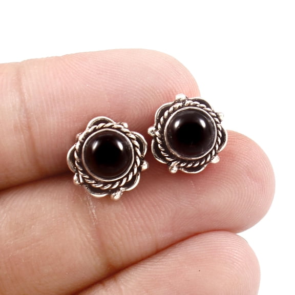 Black Onyx Stud Earrings – 925 Sterling Silver Natural Black Onyx Gemstone Round Studs for Women, Handmade Floral Boho Minimalist Jewelry Gift