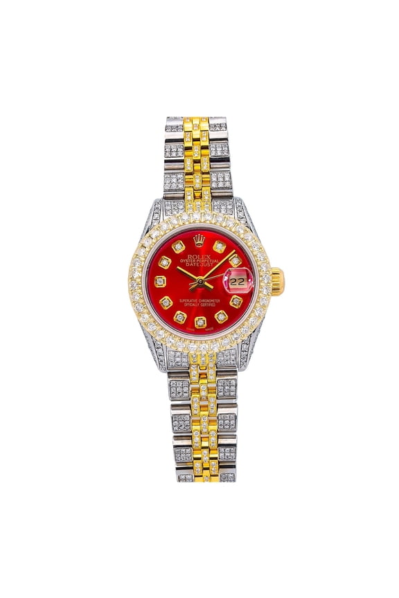 Pre-Owned Rolex Datejust 26MM 69173 Red Diamond Dial Diamond Bezel Two Tone Yellow Gold Full Diamond Jubilee Bracelet