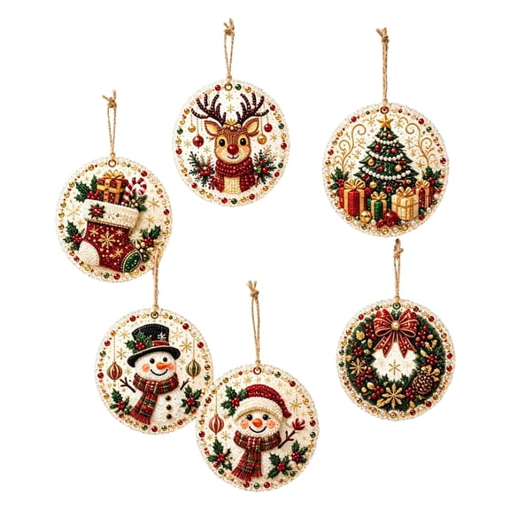 DIY 6 Piece Acrylic Diamond Painting Christmas Ornament Set, with Colorful Ribbons for Christmas Tree Indoor Holiday Decor