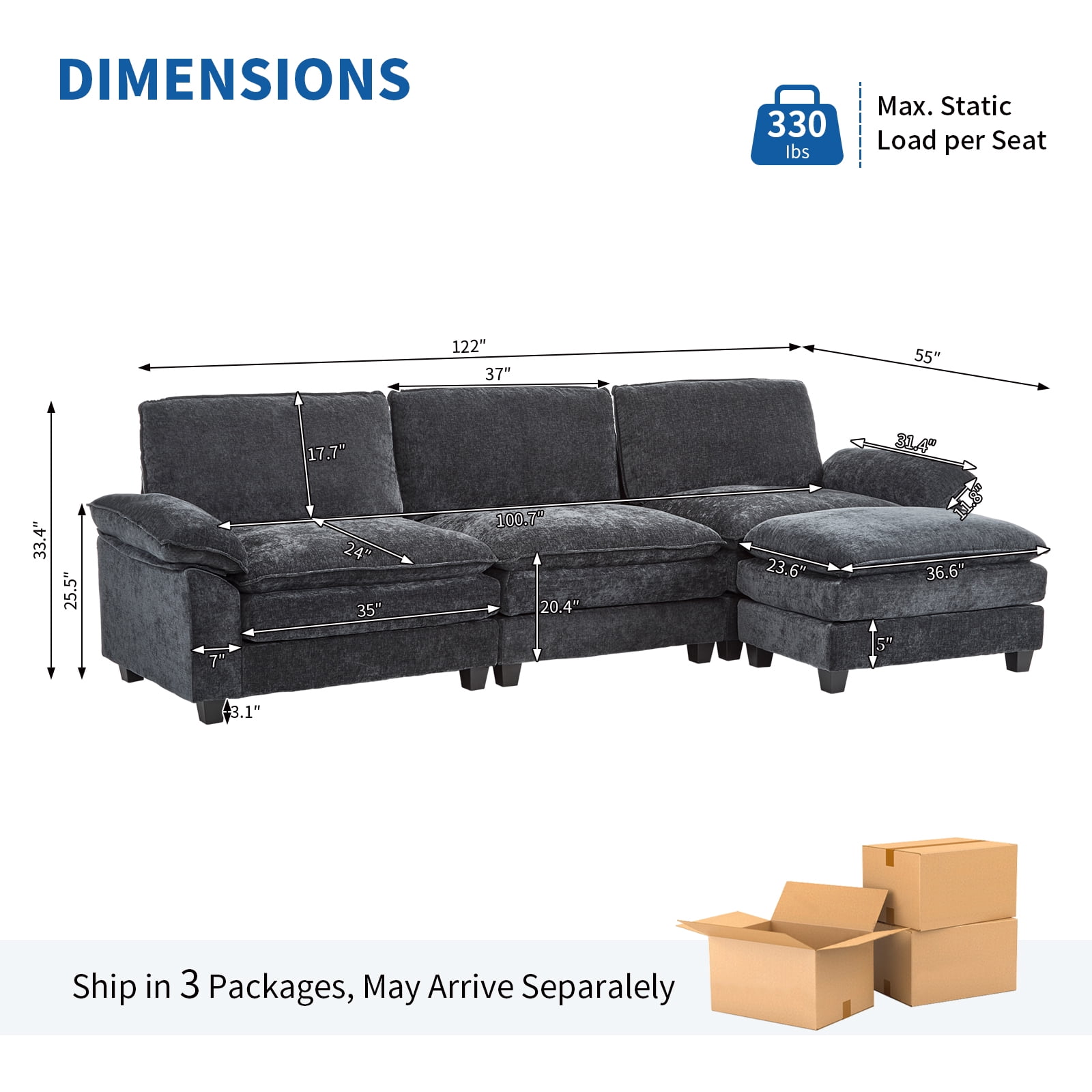 Capri 122" Oversized Sectional Couch, L Shaped Cloud Couch, Convertible Sofa Set for Living Room, Chenille, Black