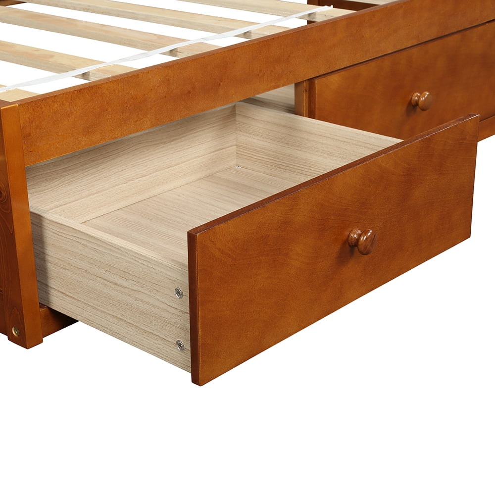 Private Jungle Solid Wood Twin Size Bed with Storage, Platform Bed with 3 Drawers-Oak