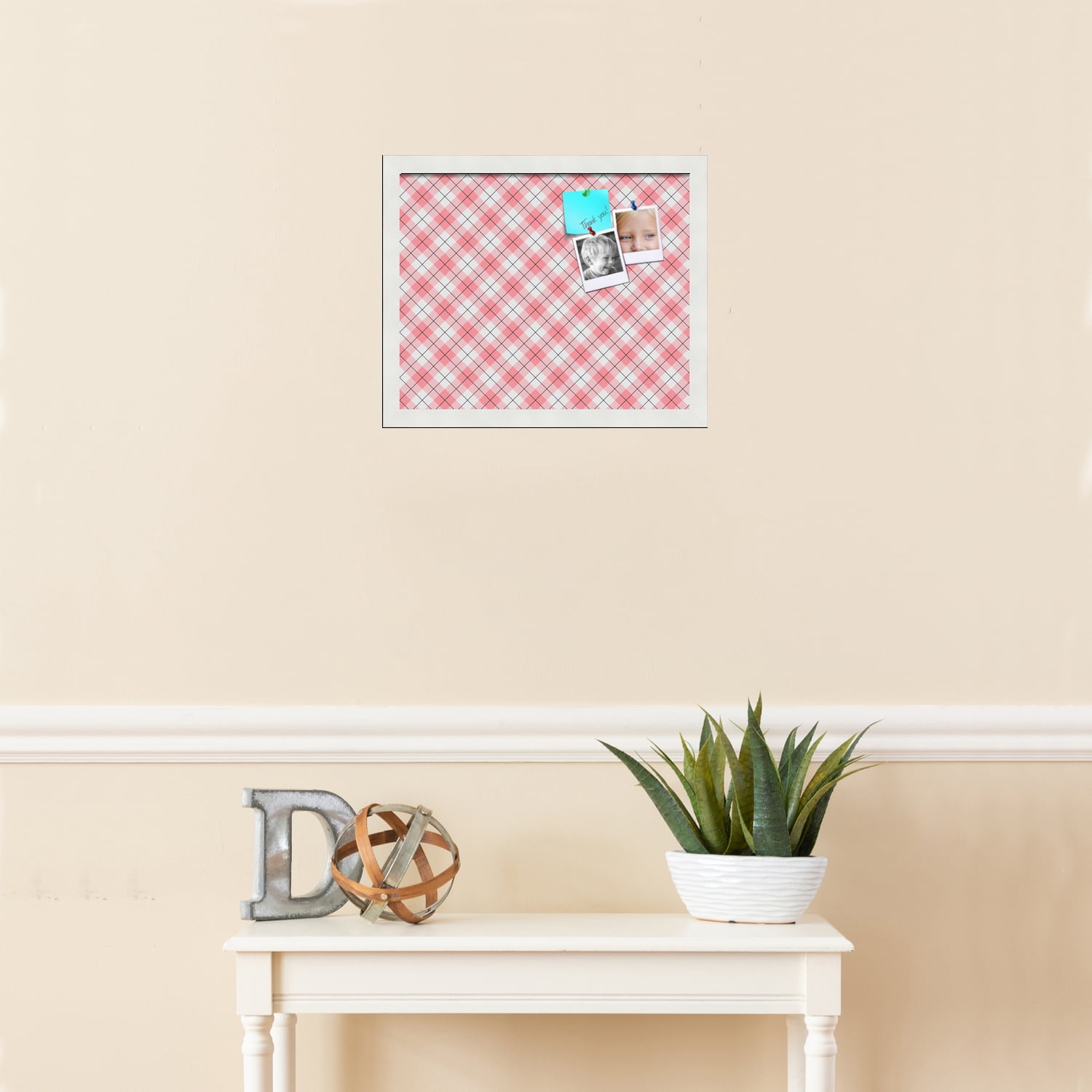 PinPix ArtToFrames 14x11 Custom Cork Bulletin Board Argyle Light Pink   Poster Board Has a Fabric Style Canvas Finish, Framed in Satin White Frame (PinPix-649)