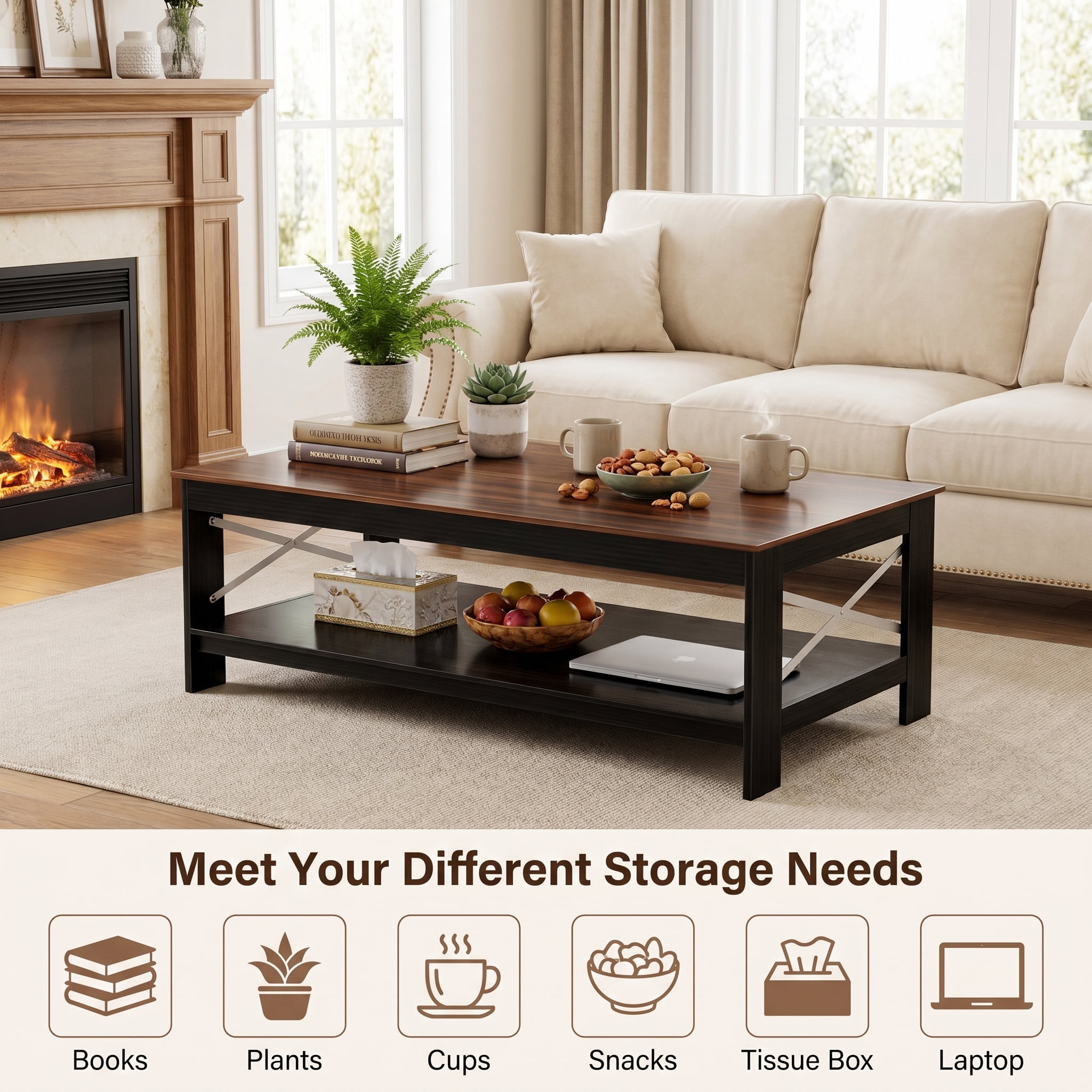 BEAUTYPEAK 40"x22" Coffee Table with Storage Shelves Rectangular Living Room Center Table, Walnut