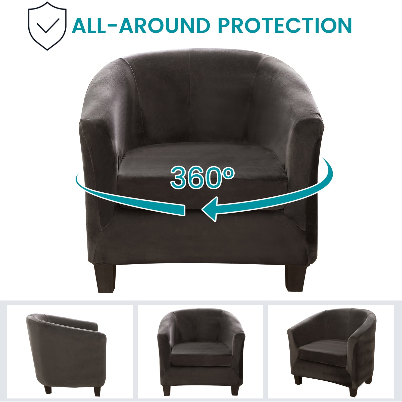 SHANNA Velvet Tub Chair Covers, 2 Pieces Stretch Modern Armchair Slipcovers Non Slip Sofa Couch Slipcover for Club Bar Counter Living Room Reception,With Separate Cushion Cover, Dark Gray, 1 Pack