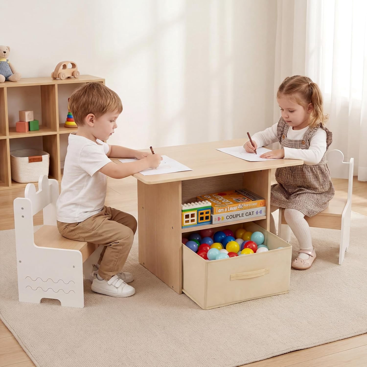 OLAKIDS Kids Table and Chair Set, 4 in 1 Wooden Activity Desk with Foldable Storage Drawer, Children Furniture for Art Crafts Drawing Reading Dining