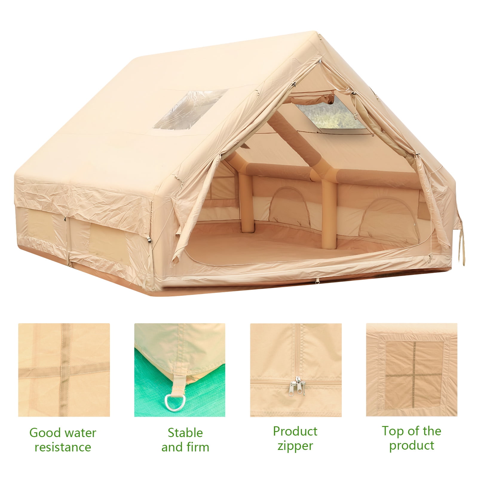Qiyester Inflatable Camping Tent Waterproof Outdoor Cabin House with Hand Pump Doors Mesh Windows 4 Season 129 sq.ft No Assembly Needed