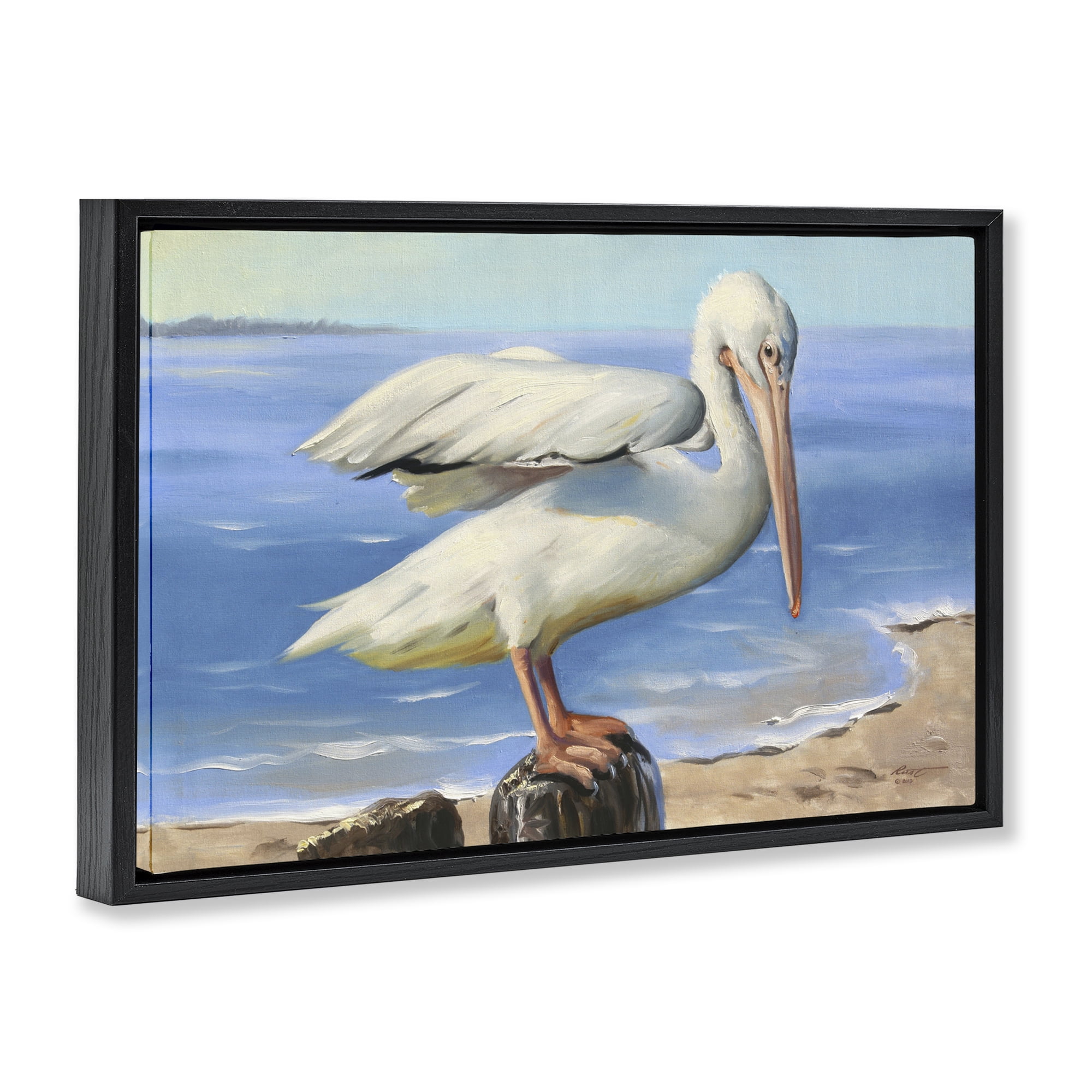 Stupell Industries Beach Scene Pelican Animals & Insects Painting Black Floater Framed Canvas Art Print Wall Art, 31 x 21