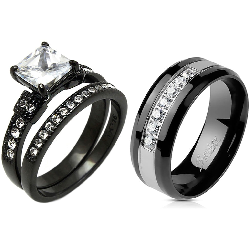 1 Ct Round Brilliant Cut CZ Black Two Tone Stainless Steel 3 PC Wedding Ring Set 