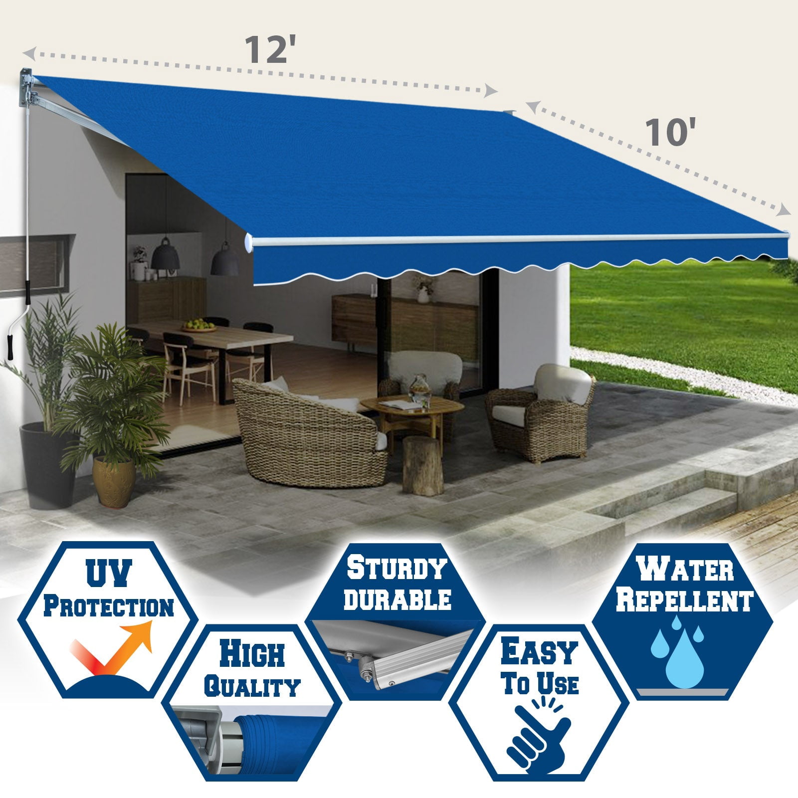 SUNNYOUTDOOR 12x10 FT Patio Awning Retractable Outdoor Sun Shade Manual Patio Deck Awning Heavy Duty Awning (Blue)