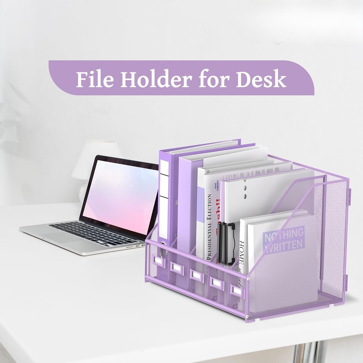 INTIGE Desk Organizer with 5 Vertical Compartments, Metal Desk File Organizer, Desk File Organizer, Increase Storage Space, Plus