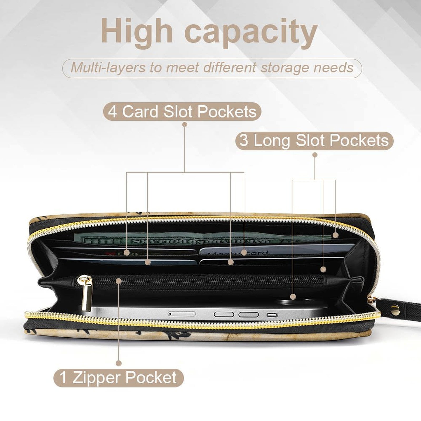 Womens Wallet Bifold Ladies Cluth Bag Wristlet Wrist Strap Long Purse Chinese Word Design