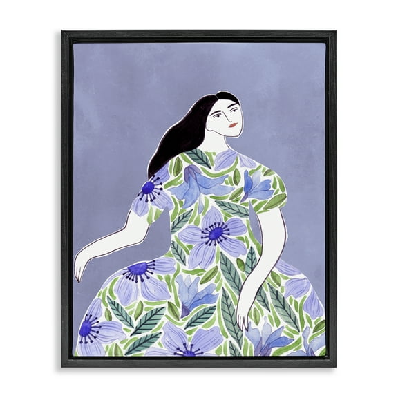 Stupell Industries Woman in Blue Floral Gown People Painting Black Floater Framed Canvas Art Print Wall Art, 17 x 21