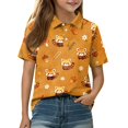 thumbnail image 2 of T Shirts for Girls Short Sleeve Henley Cute Cartoon Animal Print Back to School Uniform Button Closure Comfy Active Polo Shirts, 160, 2 of 5
